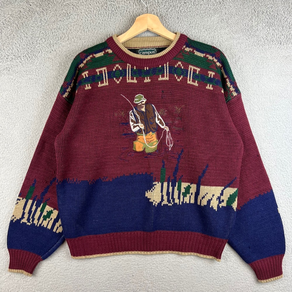 Vintage Campus Mens Fly Fishing Graphic Knit Sweater Burgundy Medium Gorpcore